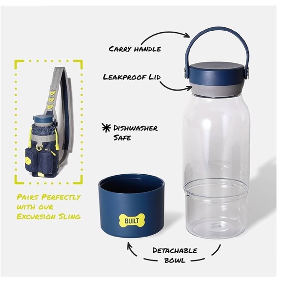 BUILT Pet 34oz Tritan Travel Water Bottle with 12oz Bowl Navy Clear - Picture 3 of 8